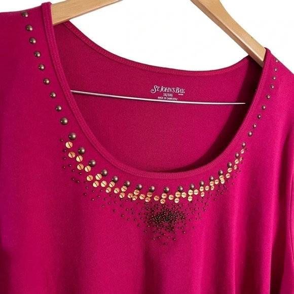 St. John’s Bay Hot Pink Blouse Plus Size 3X Beaded Sequins Embellished Neckline - Picture 5 of 7